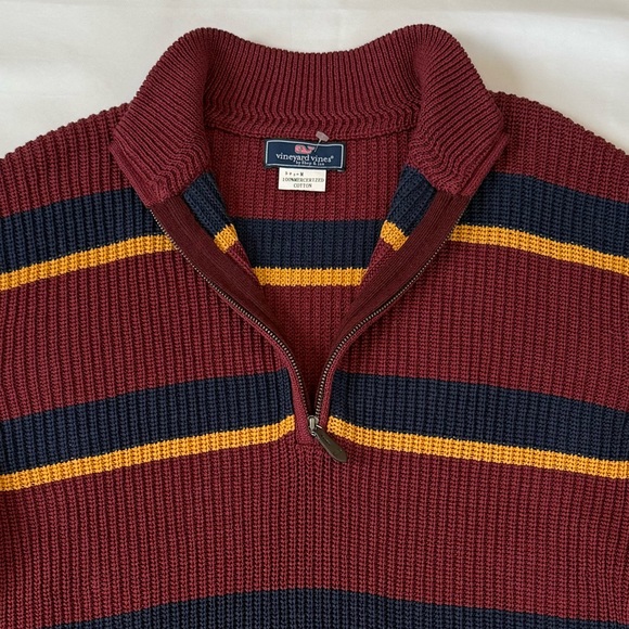 Vineyard Vines Quarter Zip Striped Pullover Sweater Burgundy Navy Yellow Men Med - Picture 2 of 6